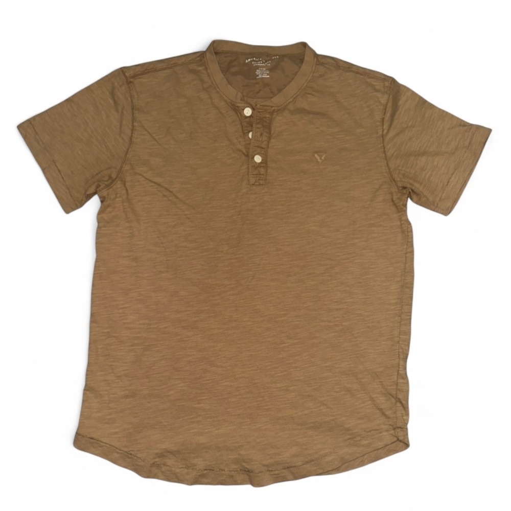 American Eagle Mens Super Soft Henley Shirt Brown Short Sleeve Cotton Small S‎